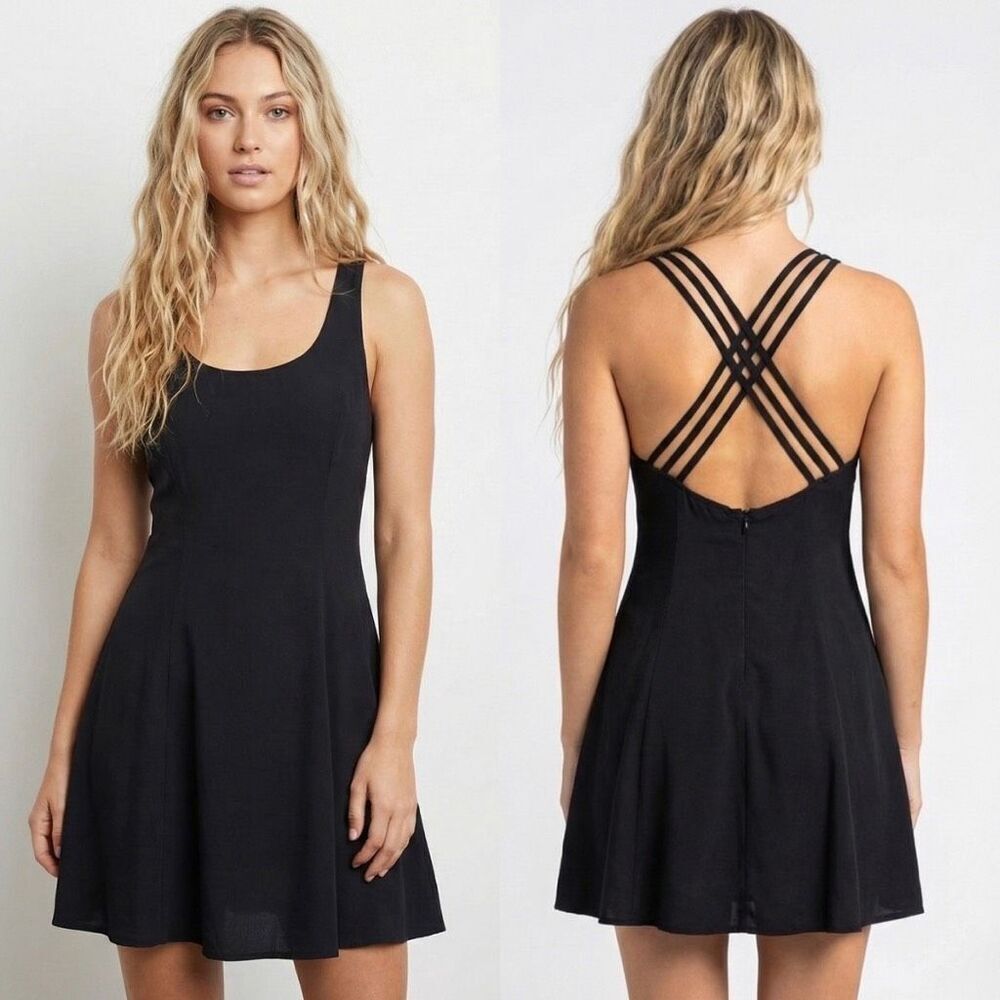 Bolide Vtg 90s Black Grunge Goth Strappy Open Back Skater Mini Dress LBD 5 Small